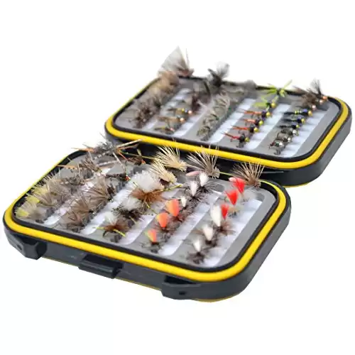 Outdoor Planet Assorted Trout Fly Fishing Lure Pack of 66 Fly Lure + Double Side Waterproof Pocketed Fly Box
