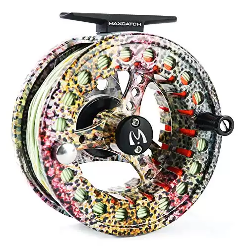 M MAXIMUMCATCH Maxcatch ECO Fly Reel Large Arbor with Diecast Aluminum Body Fly Fishing Reel(3/4wt 5/6wt 7/8wt) (Reel with Line Rainbow Trout, 5/6 Weight)